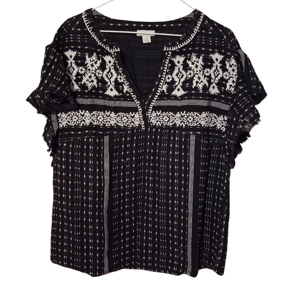 Sundance Electra Top Black Gauze Boho Embroidered Raw Edge Sleeves Sz M - Picture 2 of 10